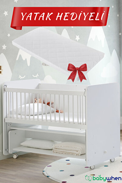 Babywhen Beyaz Anne Yanı Bebek Beşiği 60x120 Sallanır Tekerlekli + Yatak Hedi...