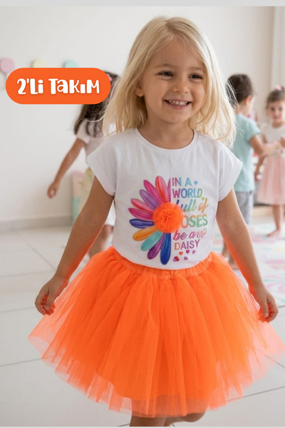 Hilal Akıncı Kids Kız Çocuk Turuncu Renkli Tütü Etek & Baskılı Pamuk Penye 2'...