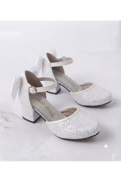 Mia Lui Girls' White Color with Bow Detail, Silvery Comfortable Heels, Stylish Dressy Dress