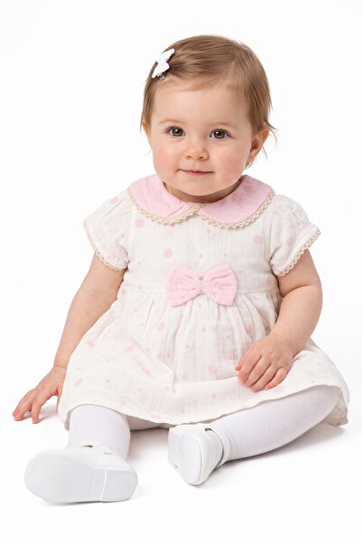 bebegen Baby Girl Ecru Pink Scalloped Baby Collar Polka Dot Dress