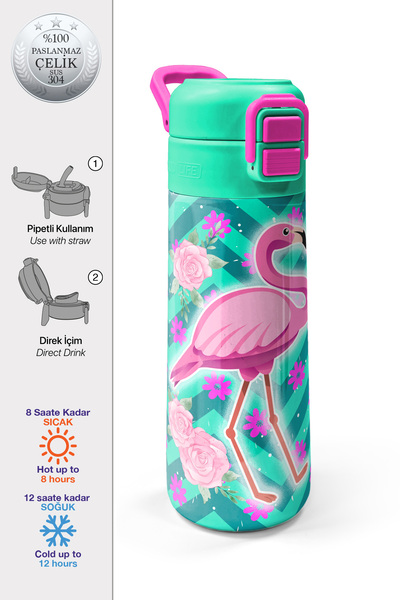 Coral High Kids Su Yeşili Pembe Flamingo Desenli Pipetli ve Direkt İçim Çelik...