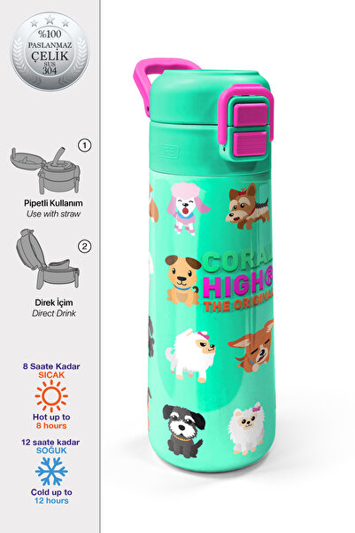 Coral High Kids Su Yeşili Neon Pembe Köpek Desenli Pipetli ve Direkt İçim Çel...
