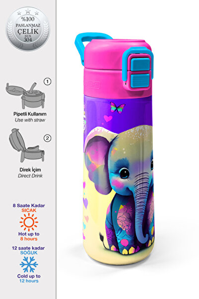 Coral High Kids Pembe Turkuaz Fil Desenli Pipetli ve Direkt İçim Çelik Termos...