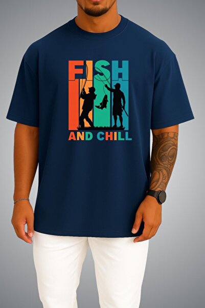 Bahriyeli Collection Oversize Fish and Chill Chest Printed Unisex T-Shirt