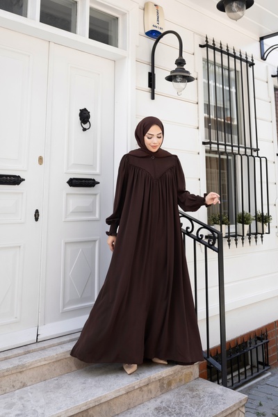 Berel Moda Hijab Dress Ferace Bitter Brown Cuff Gipeli V Roba Gathered Detailed Crepe Zipper Detailed Crepe Zipper Closure