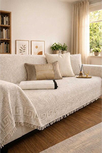 Bellevia Versace Desenli Koltuk Örtüsü 180x300 cm Kolları Kapatan Çekyat Örtüsü