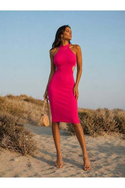 Modafeminen Rochie midi din tricotaj cu șnur, cu decolteu halter, fucsia, cu ...