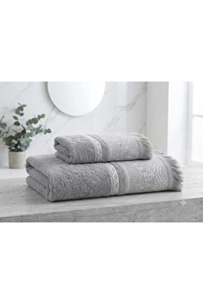 ŞENER HOME 2-Piece Fringed Turkish Bath Set, Bath and Head Towel - Gray