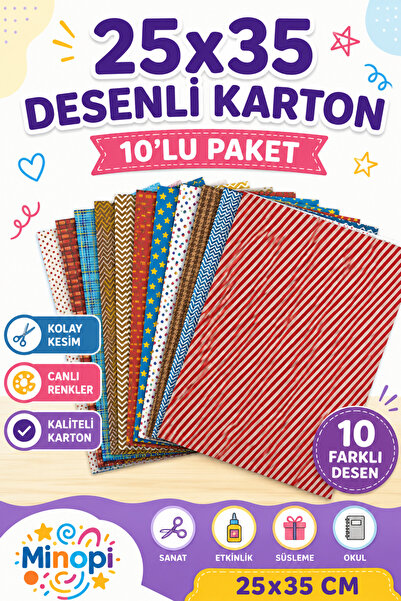 Minopi Desenli Fon Kartonu 25x35 Cm 10'lu Paket Canlı Renk
