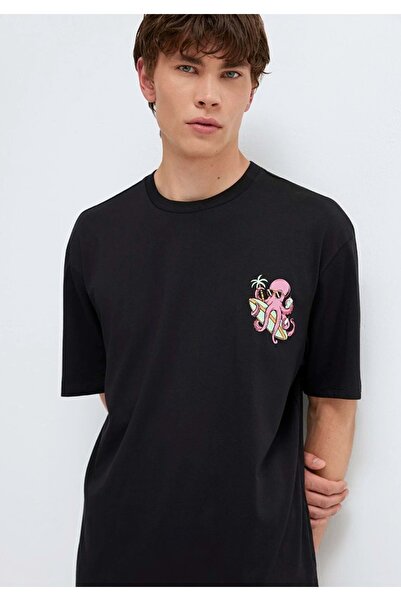 Mavi M0613385 Ahtapot Baskılı T-Shirt Erkek Tişort SİYAH