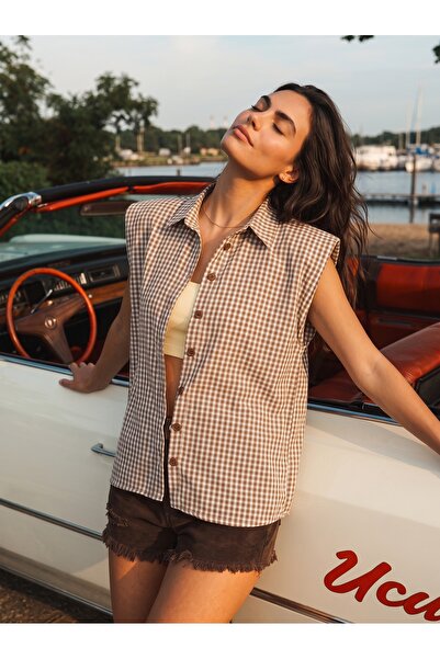 ONLOOX Coffee Cotton Shirt Collar Relaxed Fit Front Buttoned Gingham Patterne...