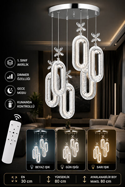 Marsel Lighting Serra 6lı krom 3 renk led secenekli kumandali avize salon otu...