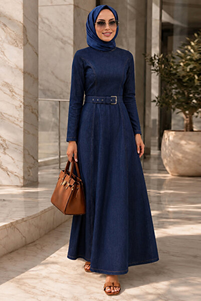N.S NEVA STYLE Rochie din denim cu hijab, albastru marin, curea cu cataramă p...