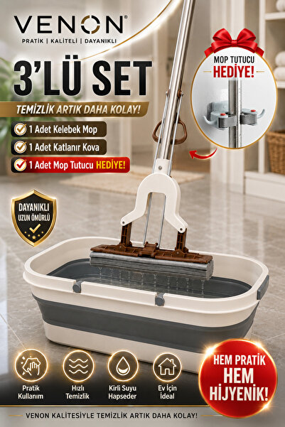 VENON 3 Parça Set >> Katlanabilir Ve Tekerlekli Kovalı Mop Seti > Katlanır Ko...