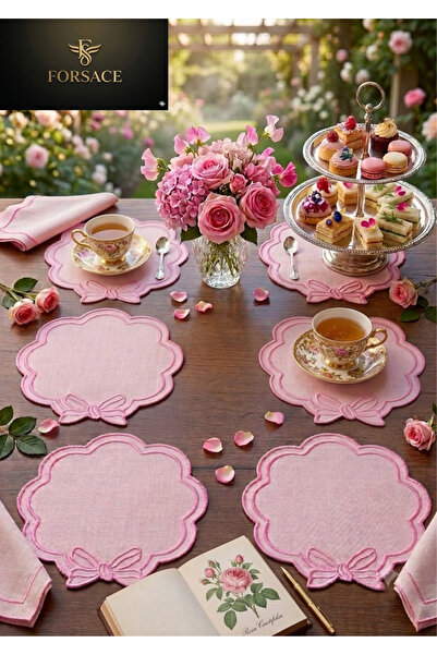 FORSACE 6'lı Fiyonk Nakışlı Dalgalı Kenar Keten Bardak Altlığı Ve Sunum Peçetesi Pembe