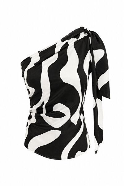 HAZELANNA Black and White Patterned Blouse with Shawl
