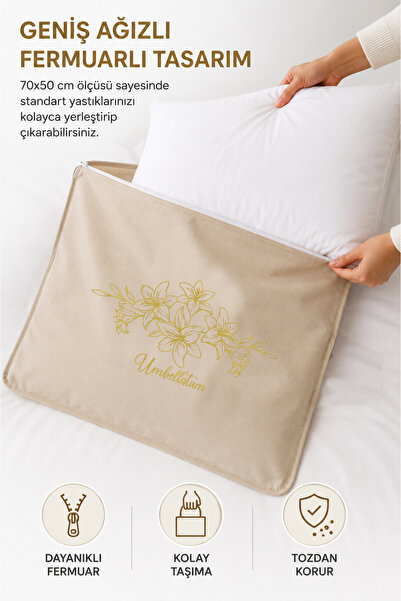 umbellatum 2'li Yastık Saklama Çantası 70x50 cm Bej | Fermuarlı Yastık Hurcu Koruma ve Düzenleme Kılıfı