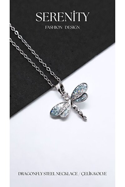 Serenity Silvery Wing Zircon Dragonfly Steel Necklace