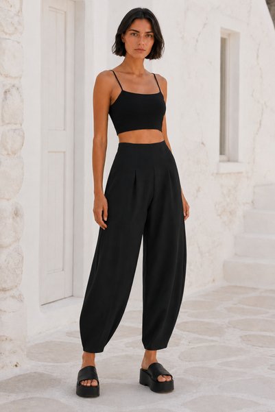 bymervetekstil Pantaloni Balon Negri Cendy Crepe Fără Curea