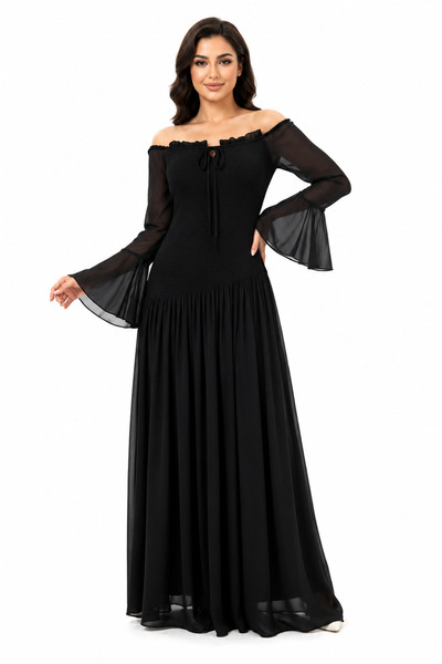 unbranded Women's Black Chiffon Off-Shoulder Maxi Dress with Flared Long Slee...