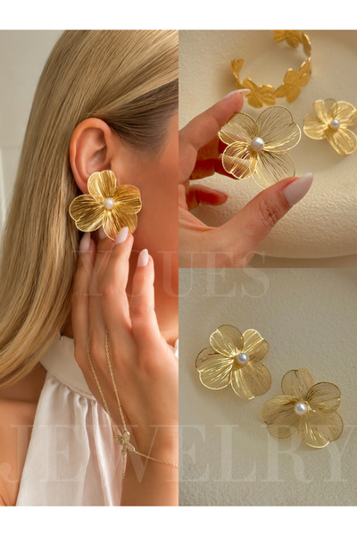 YOUES JEWELRY Çiçek Lüx Inci Peri Küpe Tel Küpe Taşlı Kadın Küpe Gold Leyla Küpe