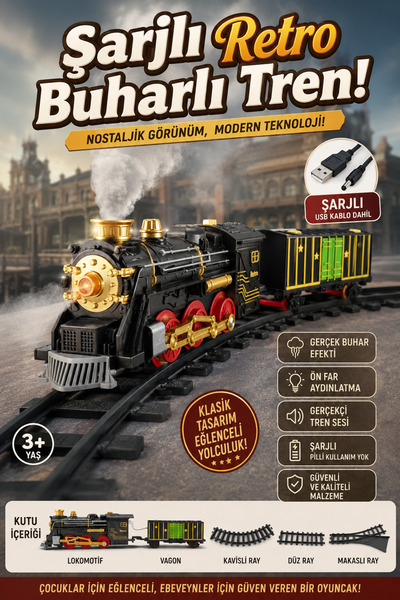 craftivio Şarjlı Ve Buharlı Retro Oyuncak Tren Seti Işıklı Sesli Klasik Raylı...