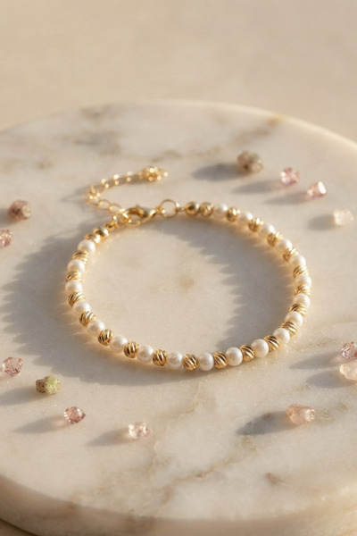Elika Silver Women's Gold Plated Dorika Elegant Bracelet with Pearls