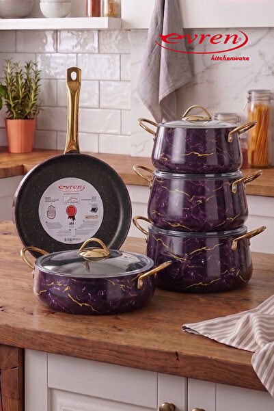 EVREN MUTFAK 9 Parça Mermer Desen Mor (Purple) Tencere Seti Yapışmaz Taban