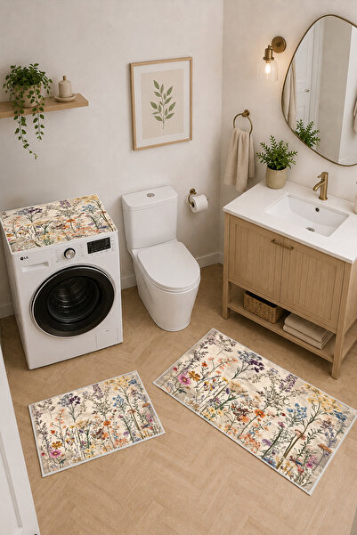 Modern 3 Parça Banyo Paspas Seti Kaymaz Tabanlı Makinede Yıkanabilir Banyo Halısı Takımı ve Çamaşır Makinesi Matı