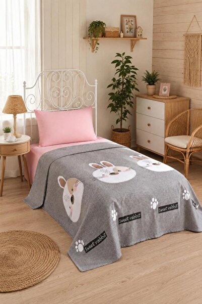 Eponj Home Natural Pique Printed Single Rabbit A. Brown-Grey-Pink