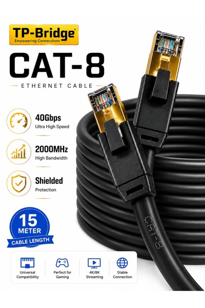 TP-BRIDGE كابل إيثرنت CAT8 بطول 15 متر - 24AWG نحاس OFC S/FTP LSZH 2000 ميجاه...