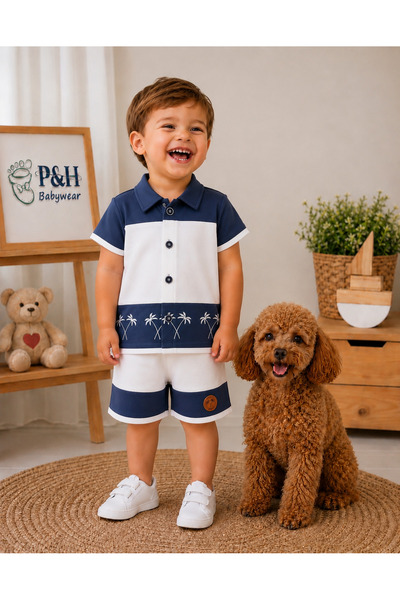 P&H BABYWEAR طقم صيفي للأطفال الأولاد/الصغار بياقة بولو بأزرار أمامية هاواي م...