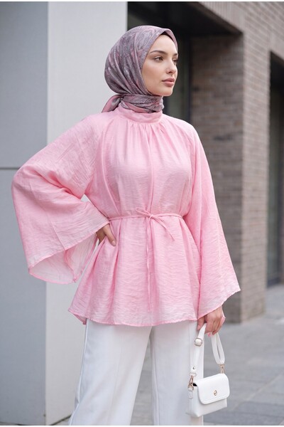 Modamorfo Hakim Collar Belted Lined Spanish Sleeve Oversize Lyocell Tunic - Pink