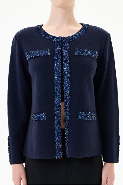 trikobis Special Design Wool Knitwear Cardigan with Stone and Sequin Embellis...