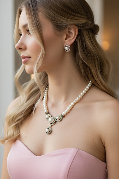 FUYA JEWELLERY Dört Parçalı İnci Kolye, Küpe Set