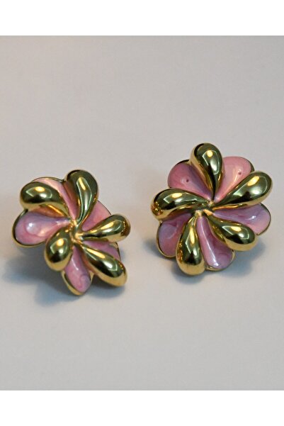 JEWELRY Pembe ve Altın Detaylı Kadın Paslanmaz Çelik Çiçek Desenli Küpe