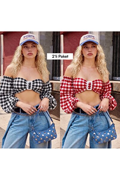 TOFAN TRİKO Συσκευασία 2 τεμαχίων Μπλούζα Pötikare Crop Μαύρο & Κόκκινο