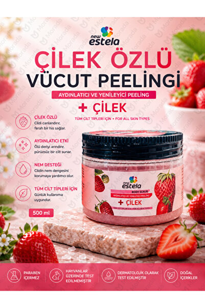 new estela PROFESYONEL ÇİLEK ÖZLÜ EL & VÜCUT TUZ PEELİNG 500GR