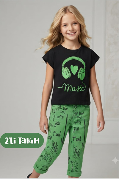 Hilal Akıncı Kids Girl's Earmuff Printed Black T-Shirt Chain Written Denim Ca...