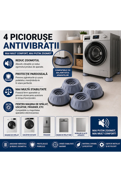 SMARTECH Set 4 picioare antivibrații și antiderapante, amortizoare de vibrați...