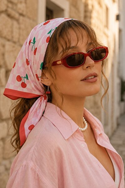 AFVENTE Retro Cherry Pattern Pink-Red Soft Bandana Scarf 50X50 cm