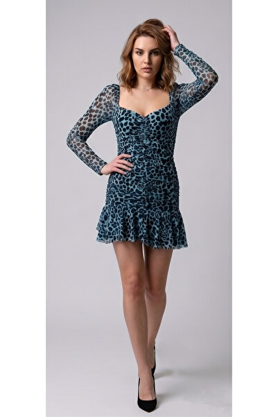 Miss Allos Women's leopard print heart neck ruched lined tulle mini dress