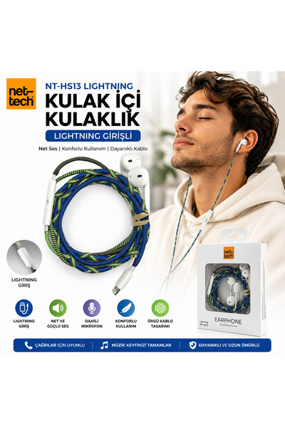 NT-HS13 Lightning Girişli Kulak İçi Kulaklık Mikrofonlu Kablolu iPhone Uyumlu Örgü Kablo