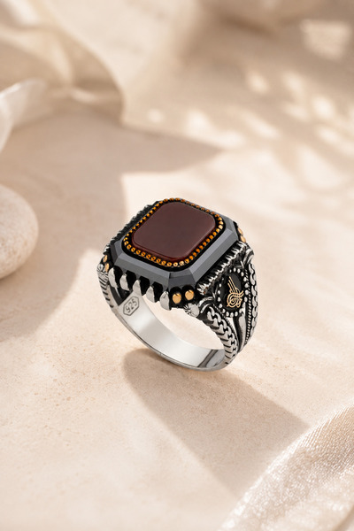 innuendo jewelery 925 Ayar Gümüş Kahverengi Akik Taşlı Osmanlı Tuğralı Oksit ...