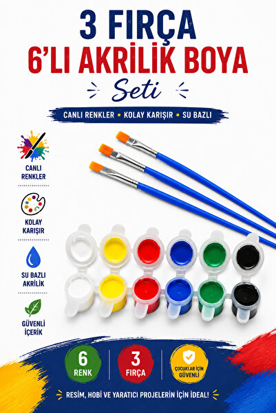 O&S Oyun ve Sanat Eğlen-Üret 3 Adet Fırça Akrilik Boya. Çocuk Resim Seti Yağl...