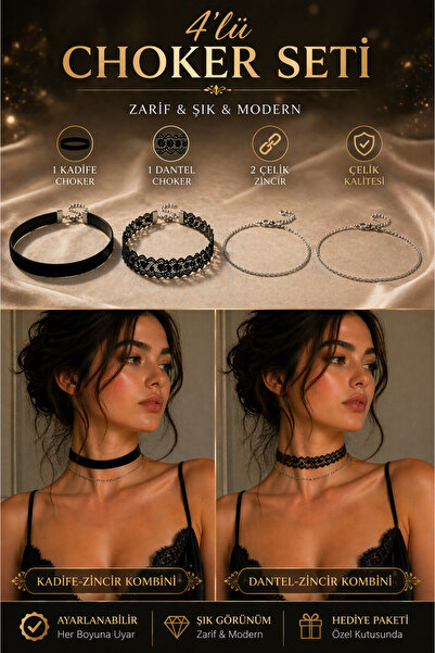 Choker Necklace Set of 4 | Velvet, Lace and 2 Chain Designs | Adjustable | Stylish & Modern Accessory
