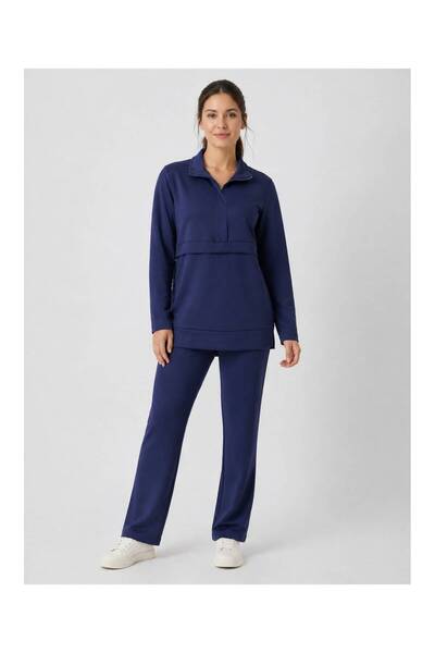 Köşedeki Dükkan Half Zipper Detailed Premium Modal Double Suit - Navy Blue