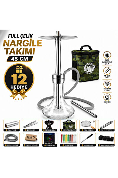 TEKDEMİR Paslanmaz Çelik Nargile Takımı Cam Şişeli Premium Nargile Seti Silik...
