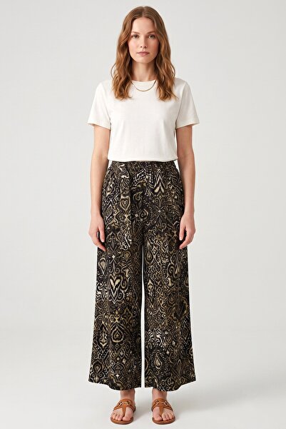 hadiora Women's Black Green Abstract Patterned Atlas Wide Leg Pants