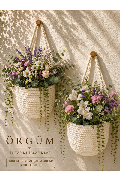 ÖRGÜM Sepet Dekoratif Mini 2'li Çiçeklik 12x10 cm BİTKİLER VE AHŞAP ASKILAR D...